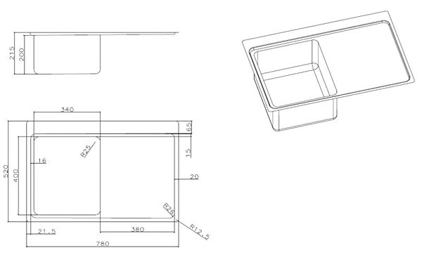 Stainless Steel Sink SINKS BLOCK 780 V 1mm Left Brushed Technical draft