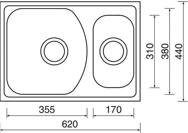 Rozsdamentes mosogató SINKS TWIN 620.1 V 0,6 mm matt Műszaki vázlat