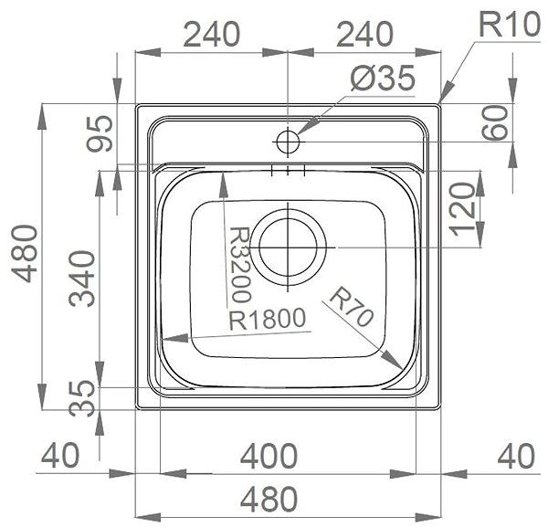 Nerezový drez SINKS MANAUS 480 V 0,7 mm leštený Technický nákres