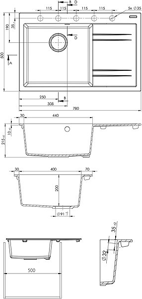 Kitchen Sink and Tap Set Sinks Rim 780 L Sahara + Elasta stainless steel/black ...