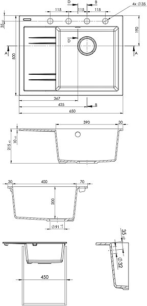 Kitchen Sink and Tap Set Sinks Rim 650 P Sahara + Elasta stainless steel/black ...