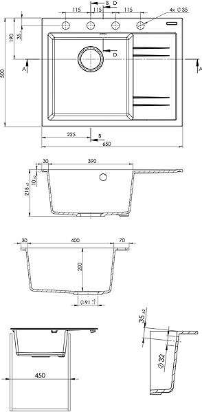 Kitchen Sink and Tap Set Sinks Rim 650 L Titanium + Elasta stainless steel/black ...