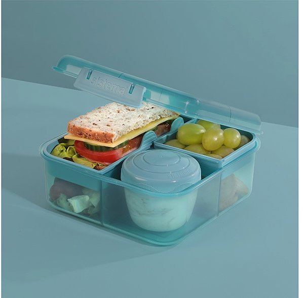 Lunch Box Sistema Bento Cube three-chamber box with yoghurt container and 2 trays 1,25 l, green ...