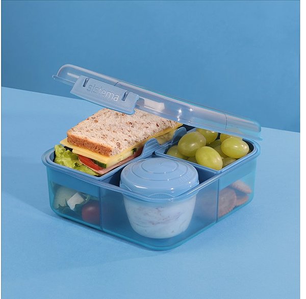 Lunch Box Sistema Bento Cube three-chamber box with yoghurt container and 2 trays 1,25 l, blue ...