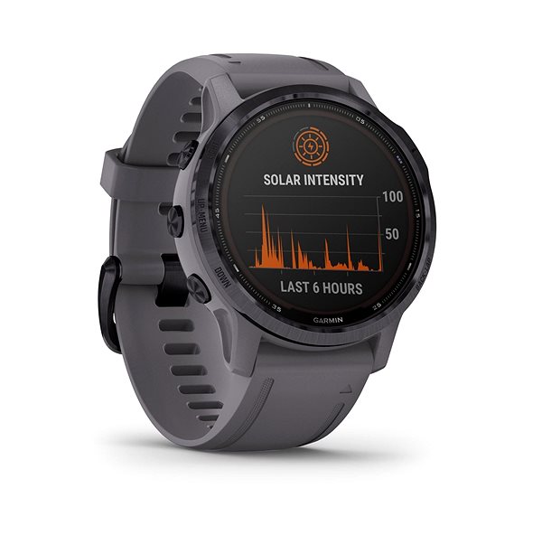 Smartwatch Garmin Fenix 6S Pro Solar, Amethyststahl, Shale Gray Band Schiefergrau Seitlicher Anblick