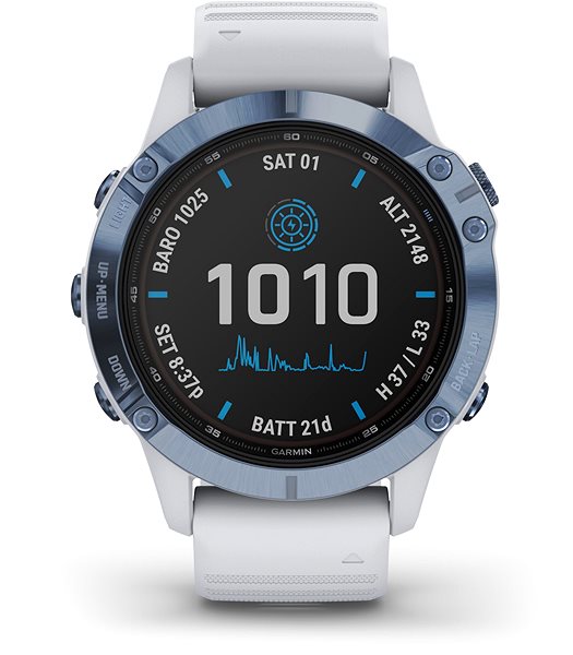 Smart Watch Garmin Fenix 6 Pro Solar, Mineral Blue, Whitestone Band Screen