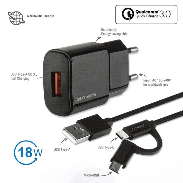 Netzladegerät 4smarts Wall Charger VoltPlug QC3.0 18W with Quick Charge and ComboCord USB-A to USB-C and Micro-USB Mermale/Technologie