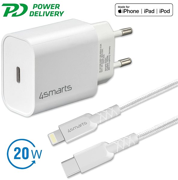 AC Adapter 4smarts Wall Charger VoltPlug PD 20W and USB-C to Lightning Cable 1.5m White Features/technology