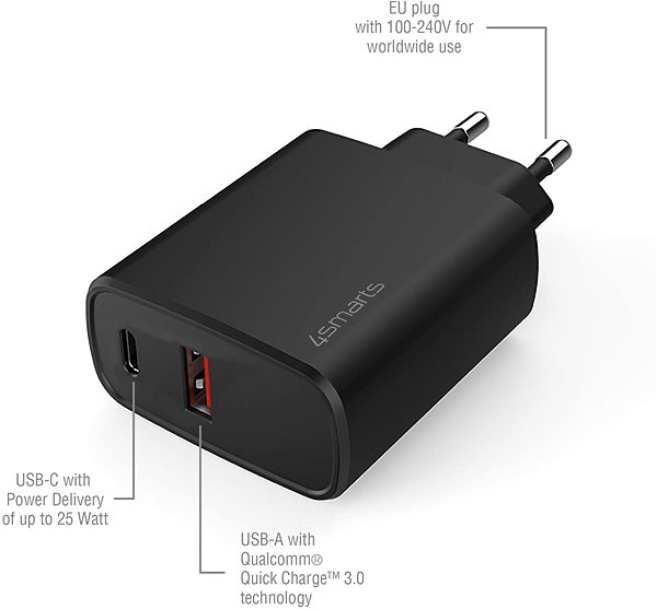Hálózati adapter 4smarts Wall Charger VoltPlug Adaptive 25W with PD, Quick Charge and AFC, black Jellemzők/technológia