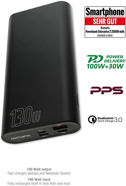Power bank 4smarts Enterprise 2 20000mAh 130W with Quick Charge, PD, fekete ...