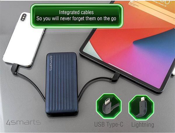 Powerbank 4smarts Power Bank iDuos 10000 mAh 20 Watt with PD - Integrated Cables - MFi certified - bau/schwarz Lifestyle