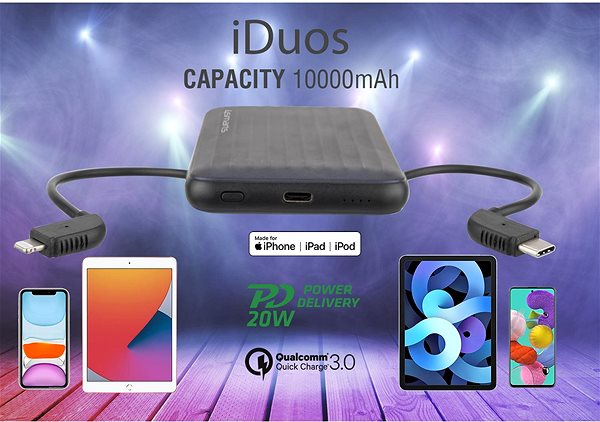 Powerbank 4smarts Power Bank iDuos 10000 mAh 20 Watt with PD - Integrated Cables - MFi certified - bau/schwarz Lifestyle