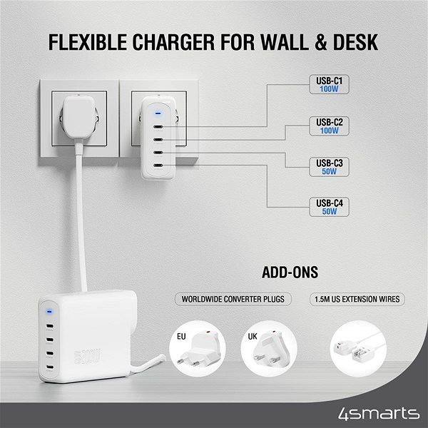 Töltő adapter 4smarts Charger GaN Flex Pro 200W 4 USB-C white ...