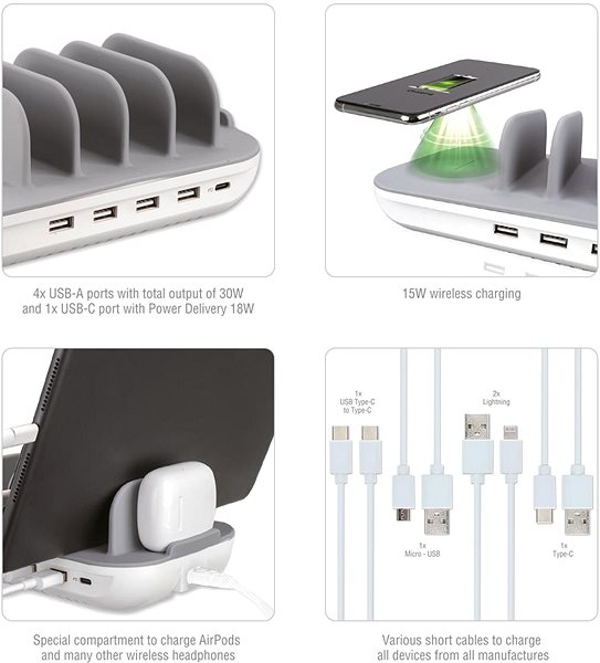 Töltőállvány 4smarts Charging Station Family Evo 63W with PD, Wireless Charger and Cables, grey / white ...
