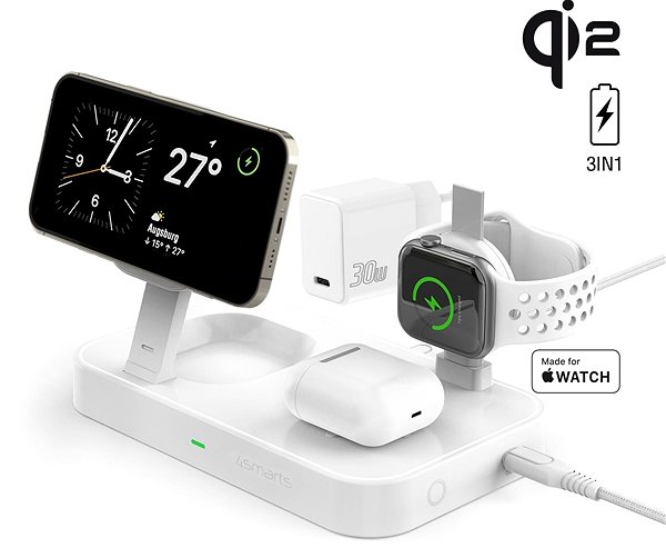 Töltőállvány 4smarts Qi2 Charging Station Trident with MFi Fast Charger for Apple Watch white ...
