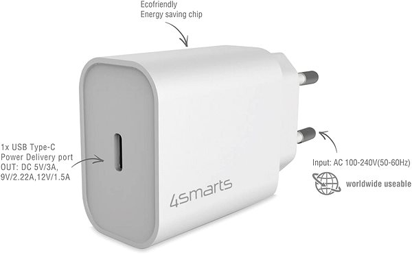 Netzladegerät 4smarts Wall Charger VoltPlug PD 20W and USB-C to USB-C Cable 1.5m white ...