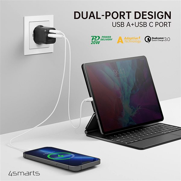 Töltő adapter 4smarts Wall Charger VoltPlug Duos Mini PD 20 W, fekete ...