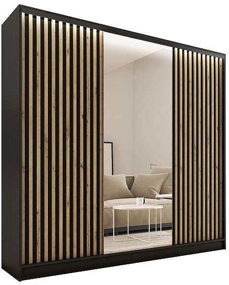 Šatníková skriňa Nejlevnější nábytek Insular 3D 200 so zrkadlom – čierny matný/dub artisan ...