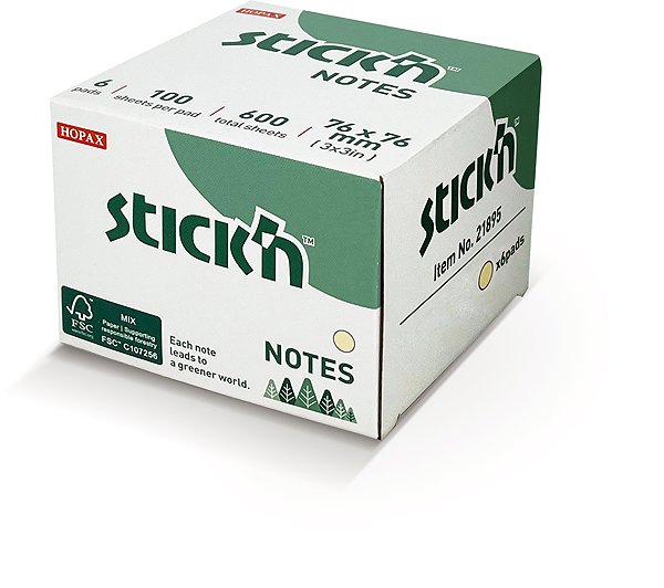 Notepad STICK'N BY HOPAX 76 x 76 mm, 6 x 100 sheets, pastel yellow .