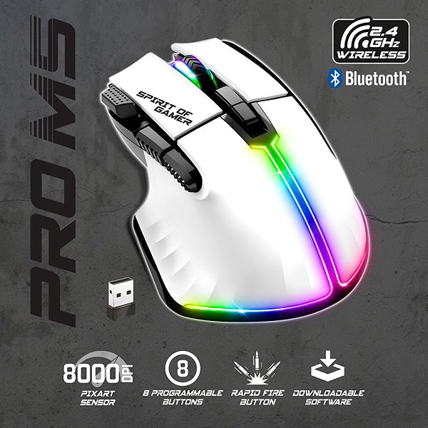 Spirit of Gamer PRO-M5 Wireless fehér gaming mouse.