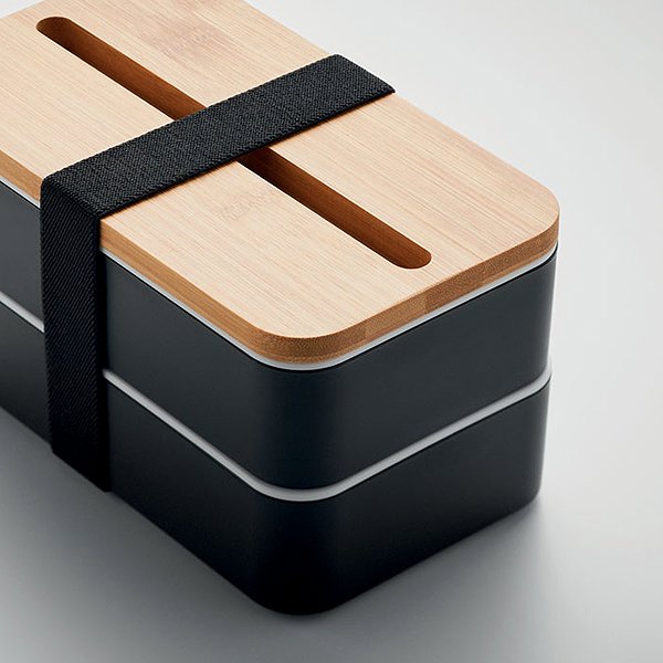 Lunch Box Sortland Snack box with cutlery, wooden lid, 800 ml, black ...