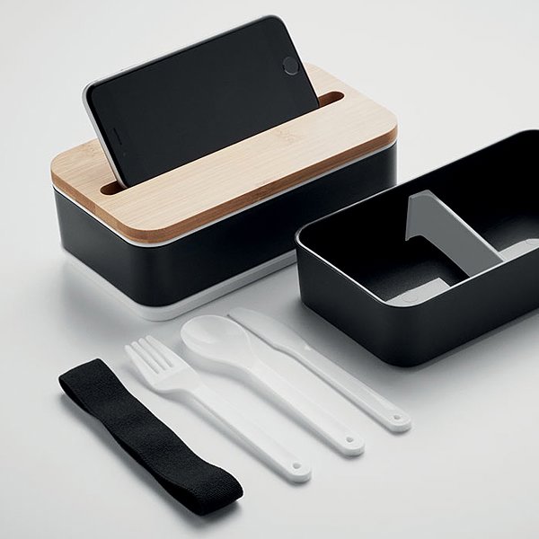 Lunch Box Sortland Snack box with cutlery, wooden lid, 800 ml, black ...