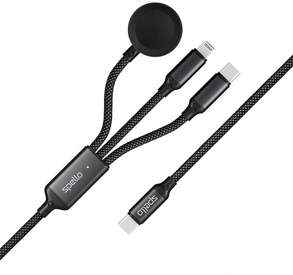 Napájací kábel Spello 3 v 1 kábel USB-C na USB-C, Lightning a Apple Watch 1,2 m – čierny ...