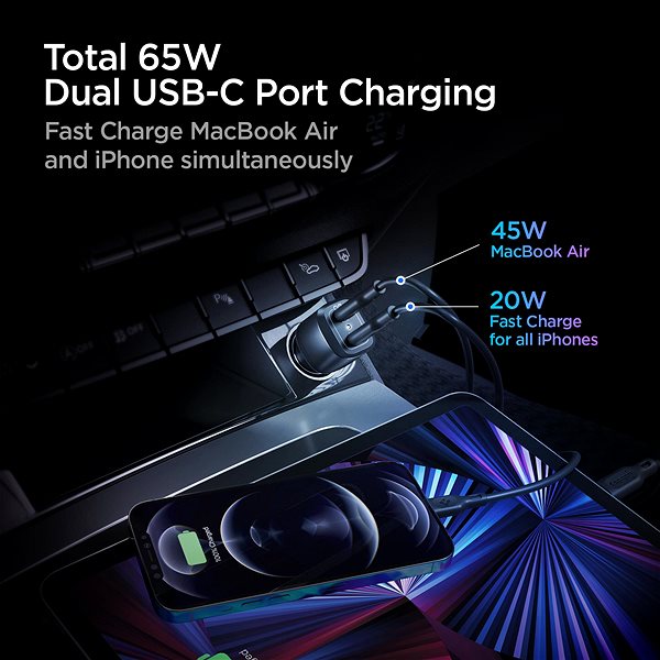 Car Charger Spigen PowerArc ArcStation Car Charger Black 2-Port/USB-C PD 3.0 45W/USB-C PD 3.0 20W /Total 65W ...