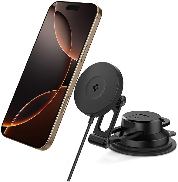 Car Charger Spigen OneTap Pro 4 MagSafe Car Mount Charger Black Wireless Dashboard Windshield ...