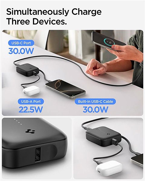 Power Bank Spigen Essential 10,000 mAh 30W Power Bank (Built in Cable) Black EA3010BT ...