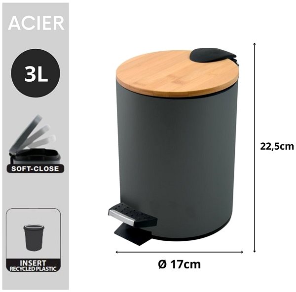 Rubbish Bin Spirella pedal bin Adonis, dark grey, steel, bamboo lid, 3 l ...