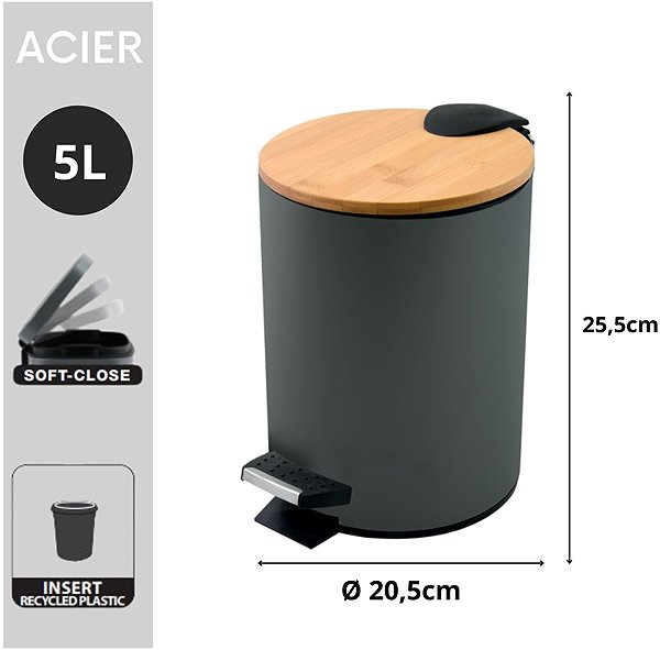 Rubbish Bin Spirella pedal bin Adonis, dark grey, steel, bamboo lid, 5 l ...