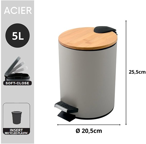 Rubbish Bin Spirella pedal bin Adonis, grey-brown steel, bamboo lid, 5 l ...