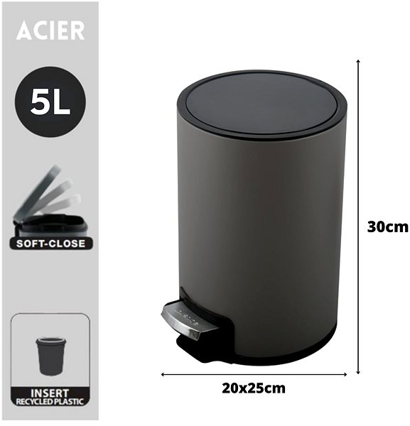 Rubbish Bin Pedal bin Riku, grey, steel, 5 l ...
