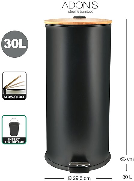 Rubbish Bin Spirella pedal bin Adonis, matt black, steel, bamboo lid, 30 l ...