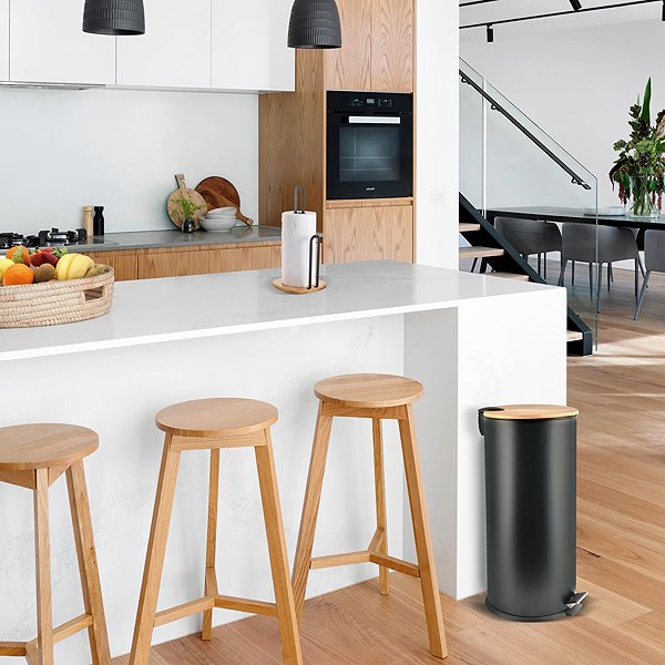 Rubbish Bin Spirella pedal bin Adonis, matt black, steel, bamboo lid, 30 l ...