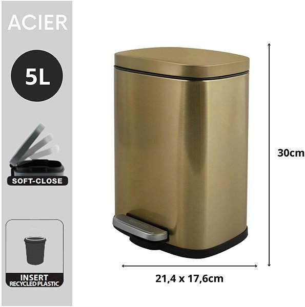 Rubbish Bin Spirella pedal bin Akira, brushed stainless steel, gold, 5 l ...