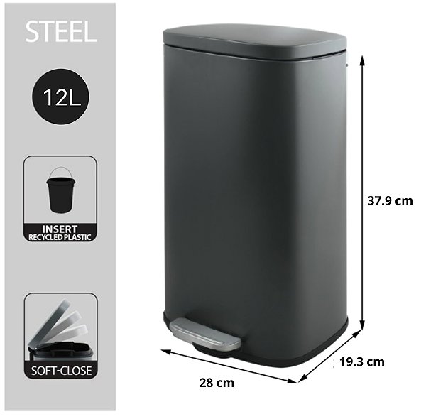 Rubbish Bin Spirella pedal bin Akira, matt grey, steel, soft-close, 12 l ...
