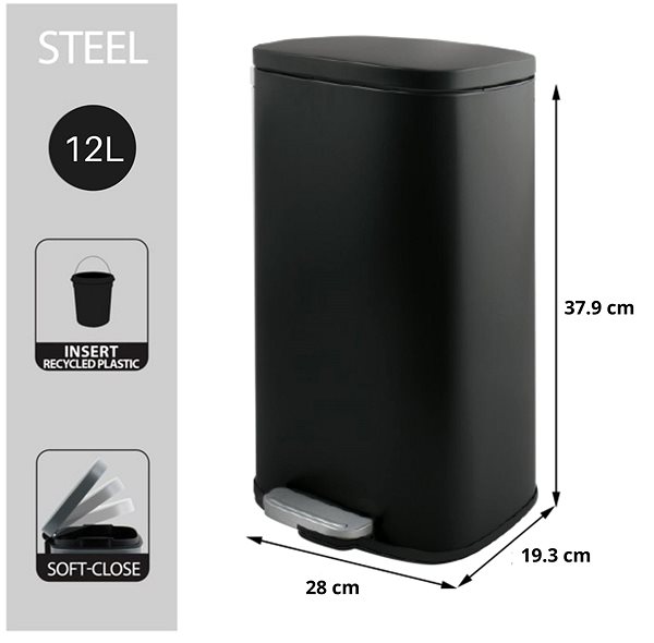 Rubbish Bin Spirella pedal bin Akira, matt black, steel, soft-close, 12 l ...