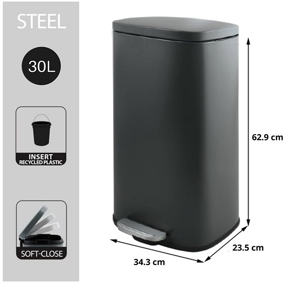 Rubbish Bin Spirella pedal bin Akira, matt grey, steel, soft-close, 30 l ...