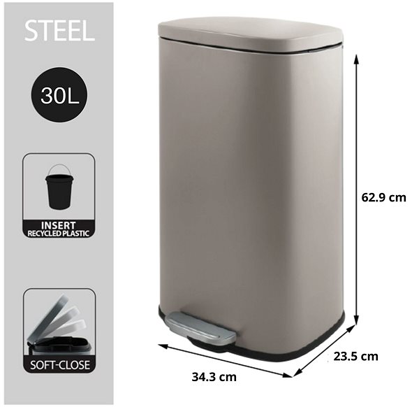 Rubbish Bin Spirella pedal bin Akira, matt grey-brown, steel, soft-close, 30 l ...