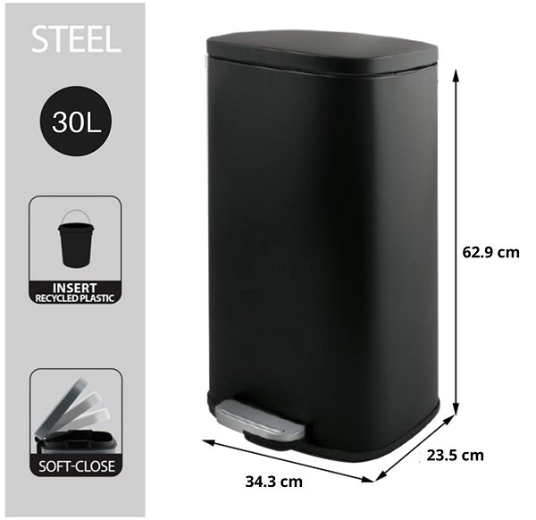 Rubbish Bin Spirella pedal bin Akira, matt black, steel, soft-close, 30 l ...