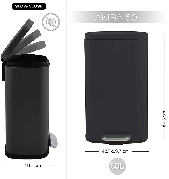 Rubbish Bin Spirella pedal bin Akira, matt black, steel, soft-close, 50 l ...