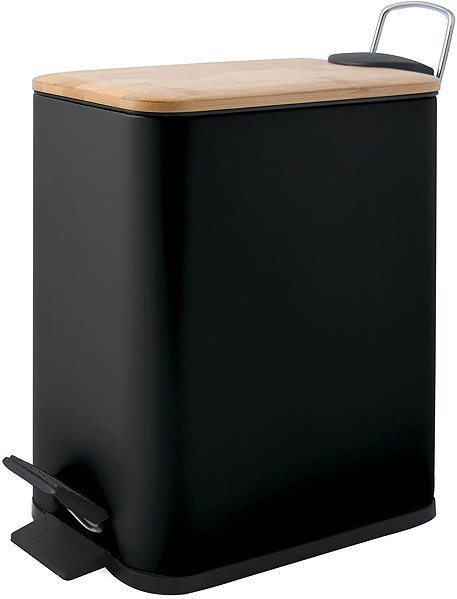 Rubbish Bin Spirella pedal bin Erik, matt black, steel, bamboo lid, 5 l ...