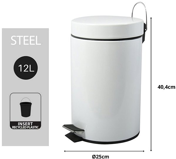 Rubbish Bin MSV pedal bin Unis, white, steel, 12 l ...