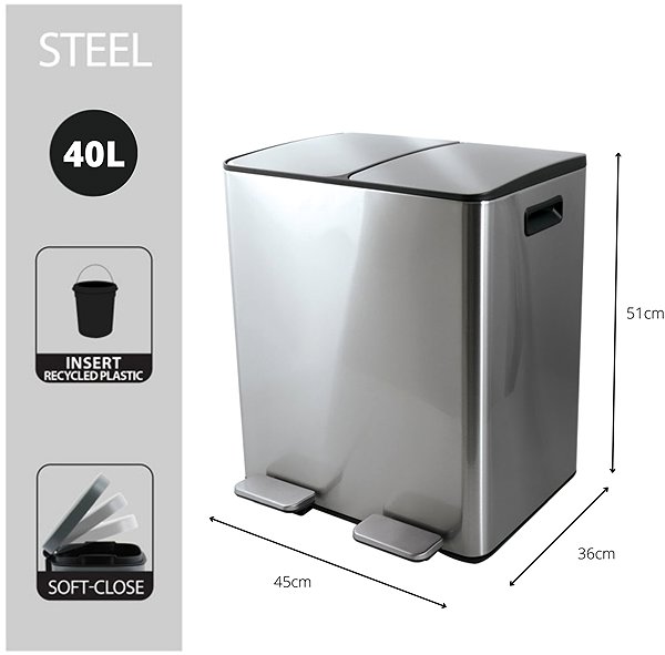 Rubbish Bin Spirella pedal waste bin Aliya, brushed stainless steel, 2 × 20 l ...