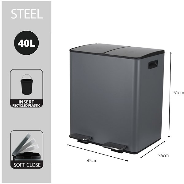 Rubbish Bin Spirella pedal waste bin Aliya, matt grey, steel, 2 × 20 l ...
