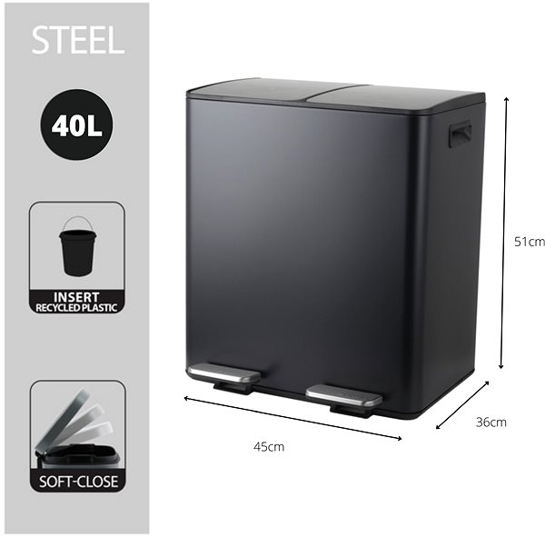 Rubbish Bin Spirella pedal waste bin Aliya, matt black, steel, 2 × 20 l ...