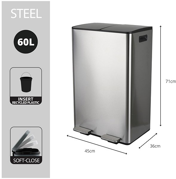 Rubbish Bin Spirella pedal waste bin Aliya, brushed stainless steel, 2 × 30 l ...