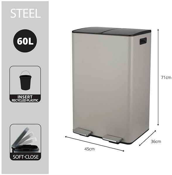 Rubbish Bin Spirella pedal waste bin Aliya, matt grey-brown, steel, 2 × 30 l ...